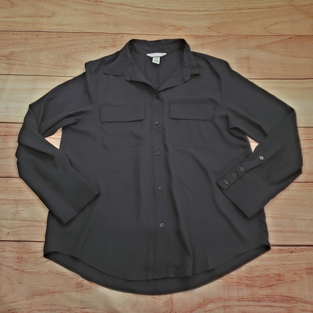H&M Shirt Womens Small Black Long Sleeve Button‎ Front Blouse Pockets Top